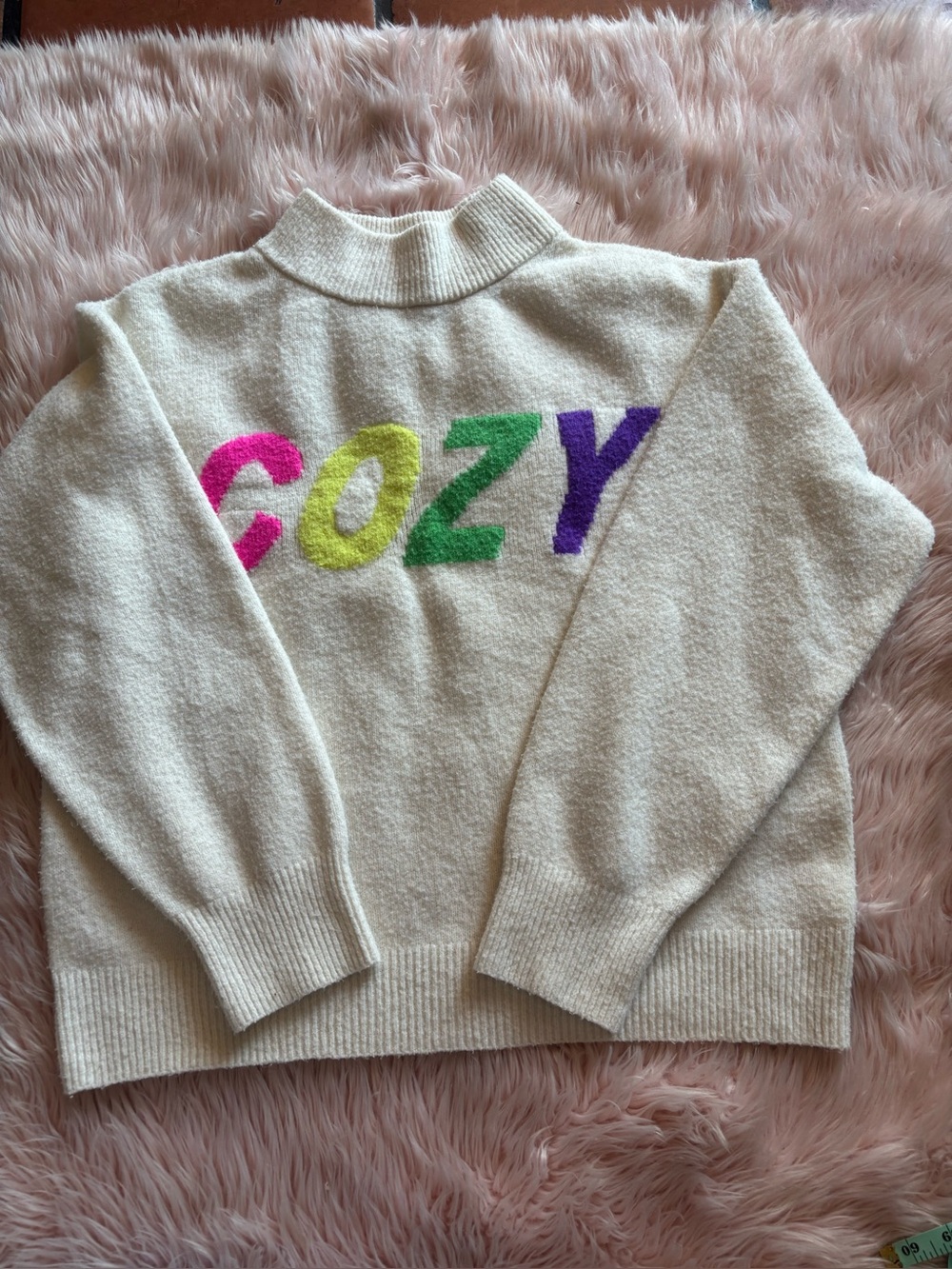 a new day Cream Mock Neck Sweater with Multicolor 'COZY' Lettering